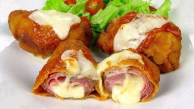 Bife rolê com presunto e queijo