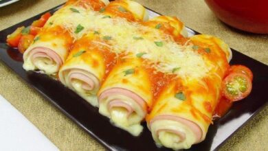 Canelone de presunto e queijo com massa de pastel